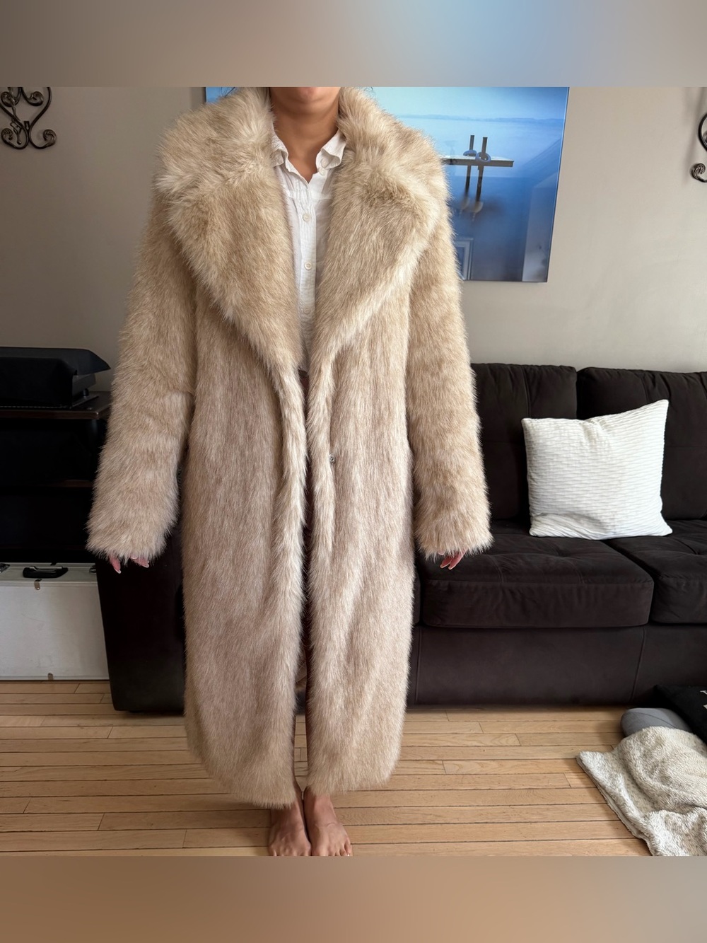 Beige Long Faux Fur Coat from SHIEN